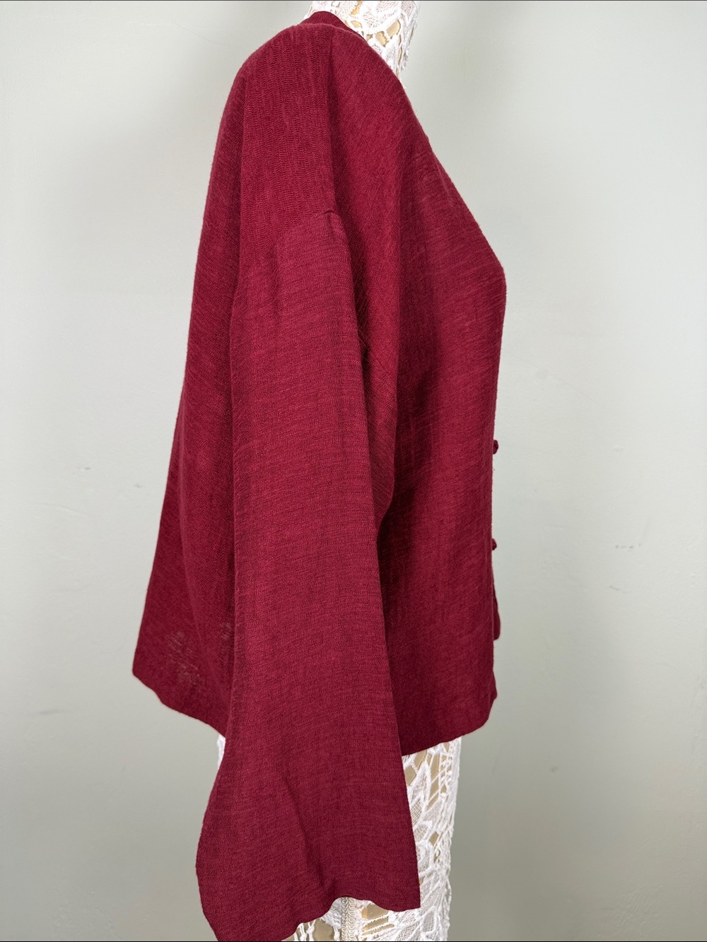 Eileen Fisher Red Linen Cotton Blend Mandarin Collar Frog Closure Jacket Shirt M - Picture 9 of 10